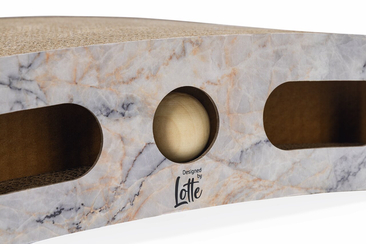 Designed by Lotte Katzenbett für Hauskatzen, runde Form, angenehme Polsterung, Farbe Grau, Größe auf dem Bild nicht ersichtlich.