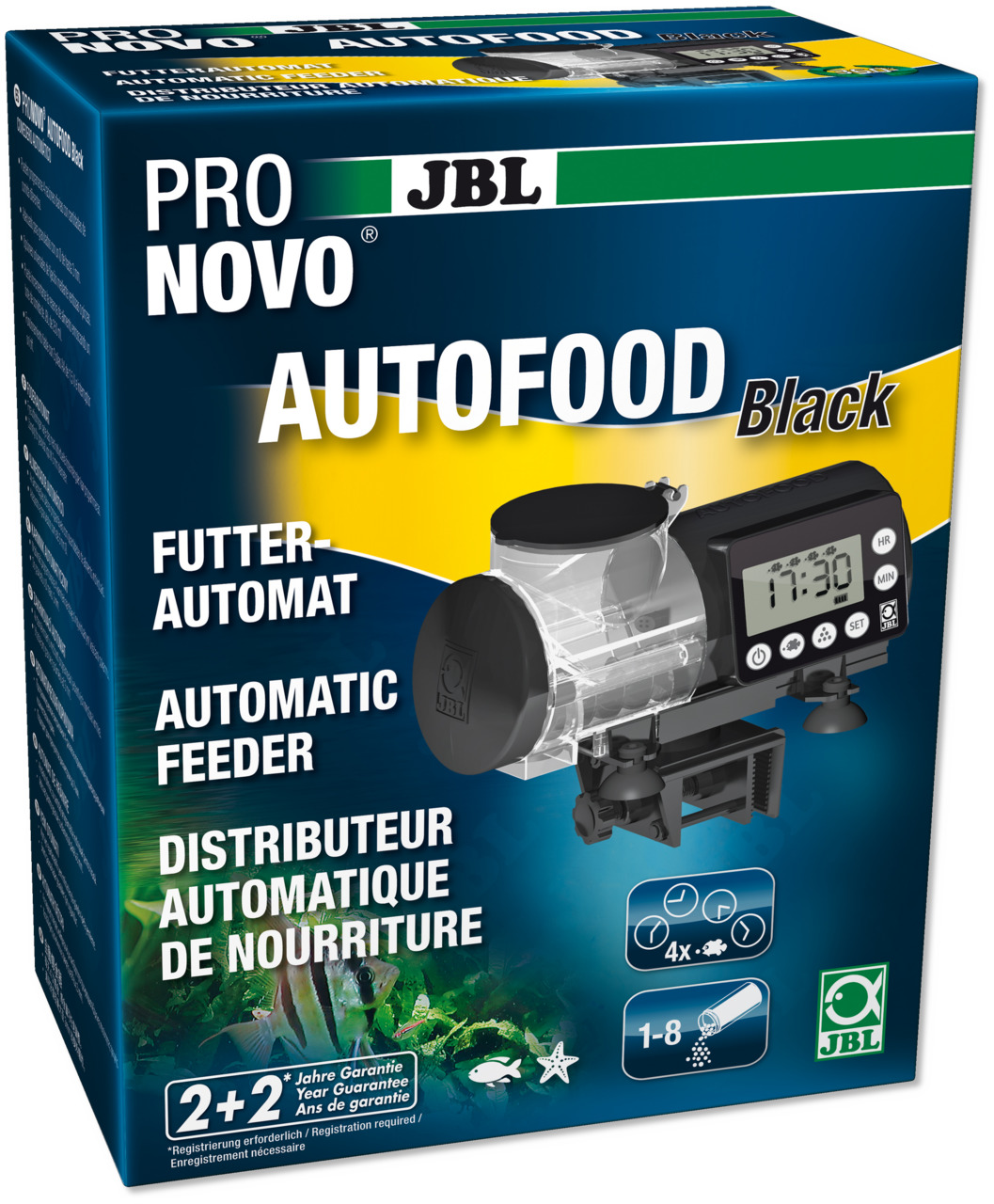 JBL ProNovo AutoFood Black, Futterautomat für Aquarienfische, präzise Fütterung (1-8 Portionen/Tag), einfache Bedienung, 2+2 Jahre Garantie.