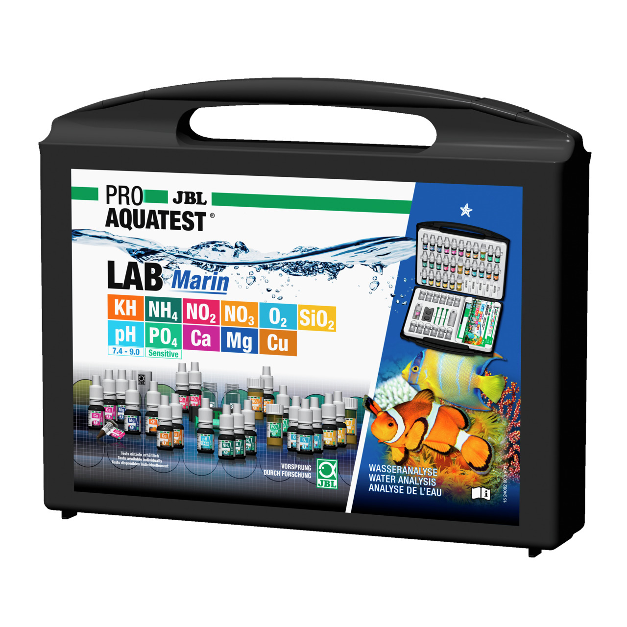 JBL ProAquaTest Lab Marin: Wassertest-Set für Meerwasseraquarien, Analyse von KH, NH4, NO2, NO3, O2, SiO2, pH, PO4, Ca, Mg, Cu.