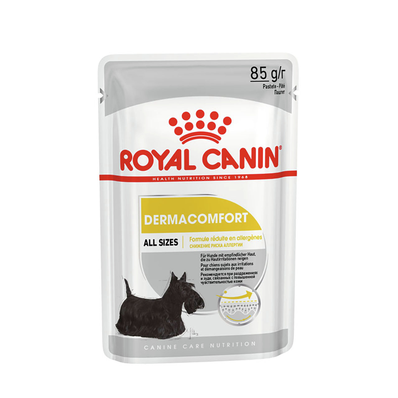 ROYAL CANIN Dermacomfort, Hundefutter, für Hunde aller Größen, Huhn, allergenreduzierte Rezeptur, 85 g, für empfindliche Haut.