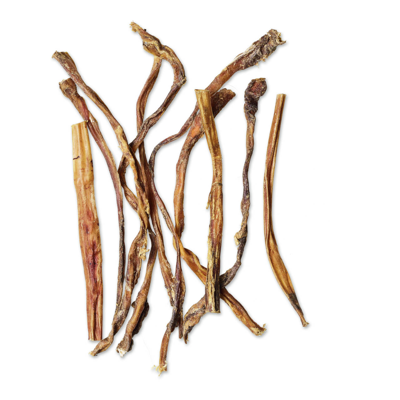 Das Bild zeigt getrocknete Rinderkopfhaut-Sticks der Marke Lottis Häppchen, ein natürlicher Kausnack für Hunde. Die Sticks sind lang, braun und unregelmäßig geformt, ideal für mittelgroße bis große Hunde. Sie fördern die Zahnpflege und bieten langanhalten