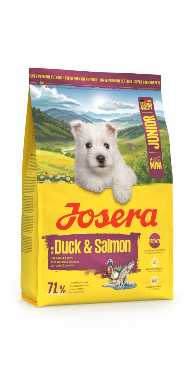 Trockenfutter Josera Junior Mini Duck & Salmon, Welpen kleiner Rassen, Ente & Lachs, 71 % tierisches Protein, 15 kg.