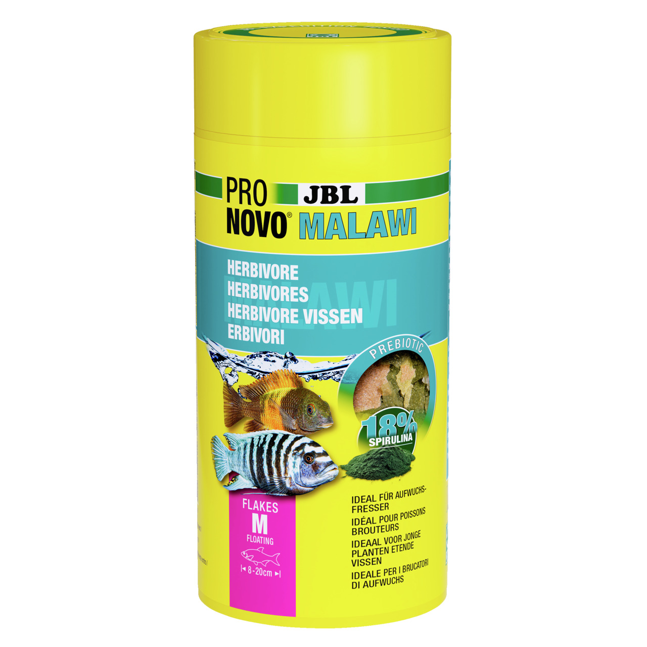 JBL ProNovo Malawi, Fischfutter für Malawi-Buntbarsche (8-20 cm), Aufwuchsfresser, 18 % Spirulina, 250 ml.