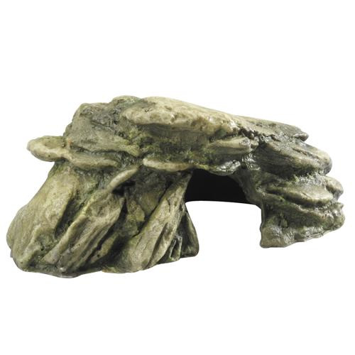 Ein künstlicher Felsen von AQUA DELLA, ideal für Aquarien und Terrarien. Das Produkt richtet sich an Aquaristik- und Terraristik-Enthusiasten und bietet Fischen oder Reptilien einen natürlichen Rückzugsort. Die realistische Steinoptik in Grau-Grün fügt si
