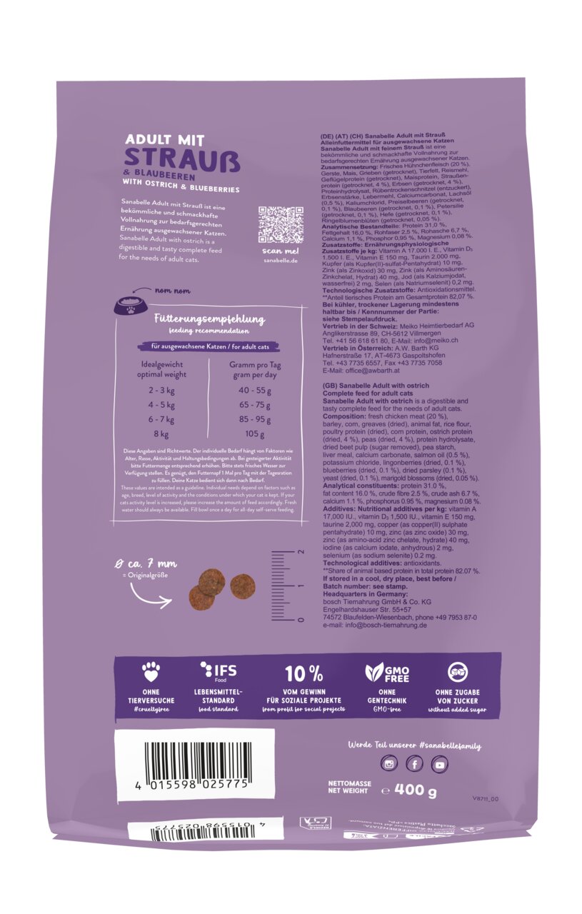 Sanabelle Adult Trockenfutter f. Katzen, Strauß & Blaubeeren, 400 g, ohne Gentechnik, ohne Zuckerzusatz, 10 % Gewinn f. soziale Projekte.