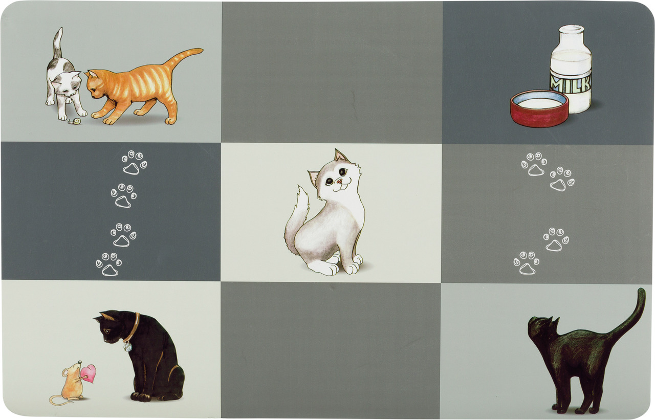 Das Bild zeigt eine TRIXIE Napfunterlage für Katzen mit der EAN 4011905245799. Die Unterlage ist mit niedlichen Illustrationen gestaltet, darunter spielende Katzen, eine Milchflasche mit Napf, Pfotenabdrücke und eine Maus. Sie dient als rutschfeste Unterl