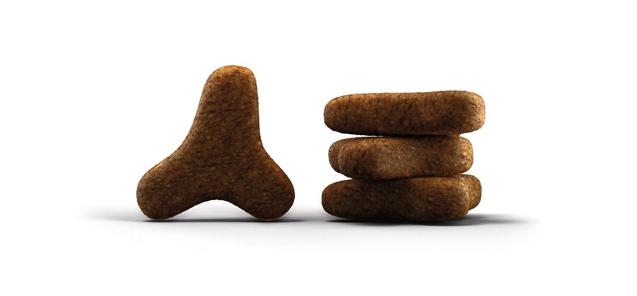 Das Bild zeigt Josera Trockenfutter für Hunde, erkennbar an den einzigartigen Krokettenformen: eine dreizackige Krokette und rechteckige Kroketten, die gestapelt sind. Das Futter ist speziell für Hunde entwickelt und bietet eine ausgewogene Ernährung. Mar