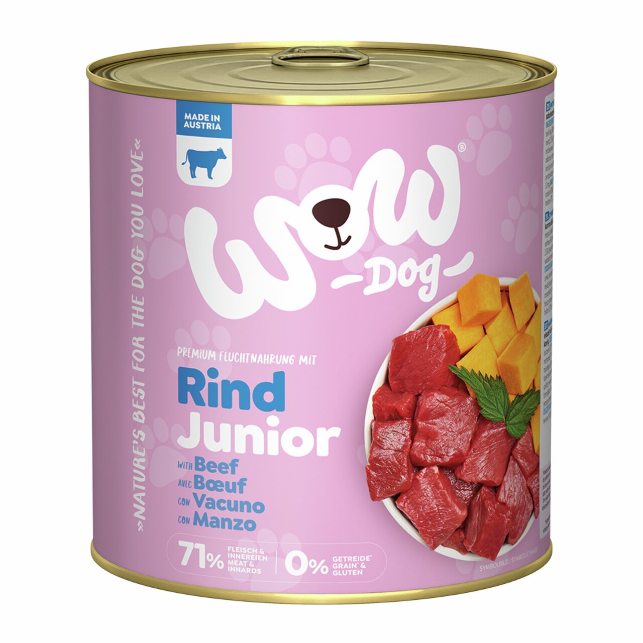 WOW DOG Rind Junior Hundefutter, Zielgruppe: Junghunde, Geschmacksrichtung: Rind, 400 g, ohne Getreide, 71 % Fleisch & Innereien.