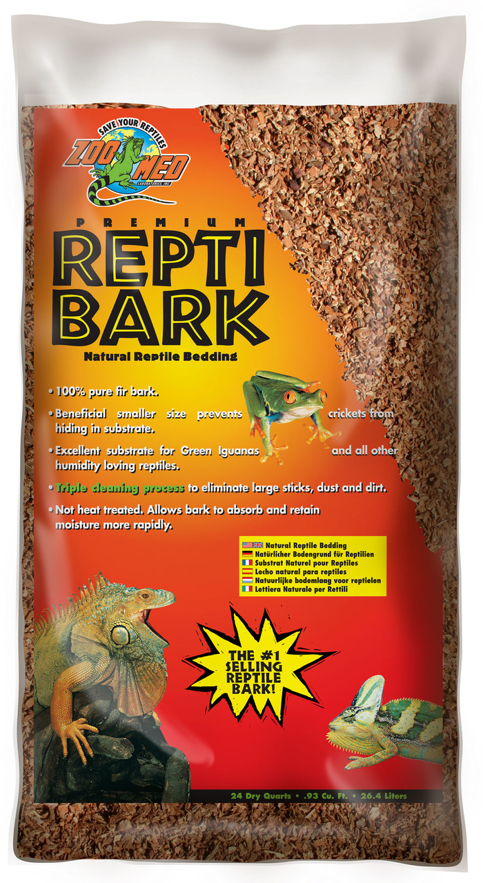 Das Bild zeigt eine Verpackung des Produkts „Zoo Med Premium Repti Bark“, einem natürlichen Bodengrund für Reptilien. Zielgruppe sind Reptilienhalter, insbesondere für grüne Leguane und feuchtigkeitsliebende Reptilien. Die Verpackung enthält 24 Dry Quarts