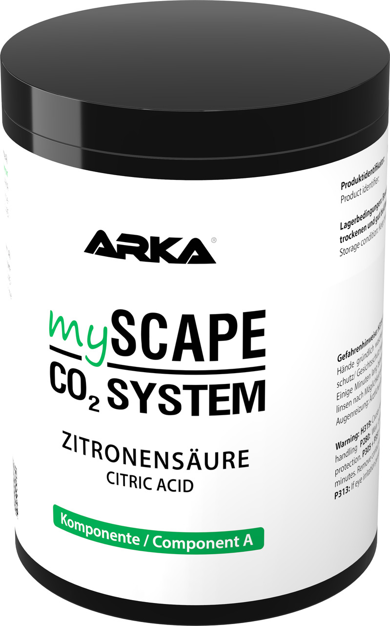 Das Bild zeigt eine weiße Kunststoffdose mit schwarzem Deckel der Marke ARKA. Das Produkt ist Teil des "mySCAPE CO2 SYSTEM" und enthält Zitronensäure (Citric Acid), gekennzeichnet als "Komponente A". Die Verpackung ist für die Aquaristik geeignet und dien