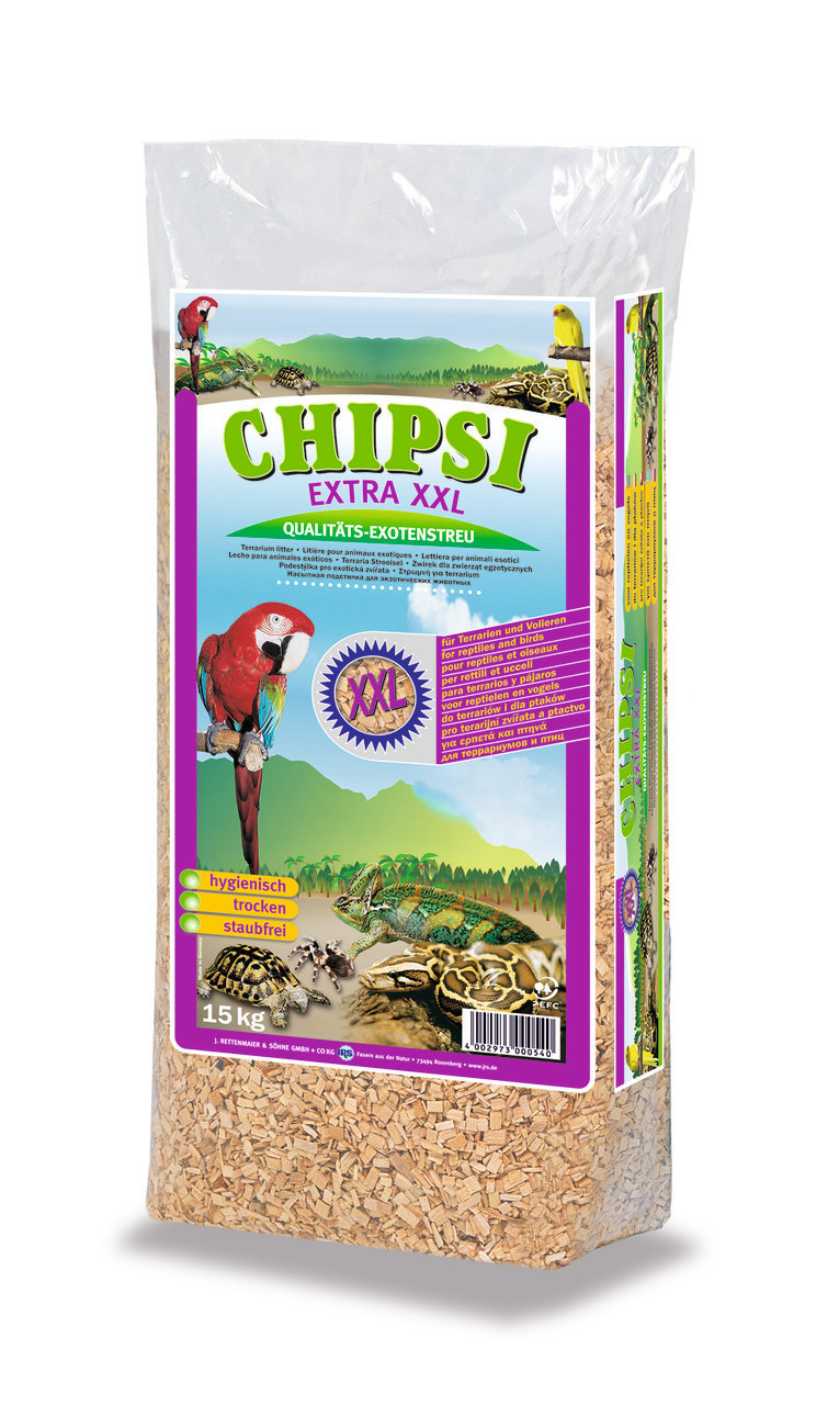 CHIPSI Extra XXL Exotenstreu, 15 kg, für Terrarien/Volieren, hygienisch, trocken, staubfrei, ideal für Papageien, Chamäleons, Schildkröten.