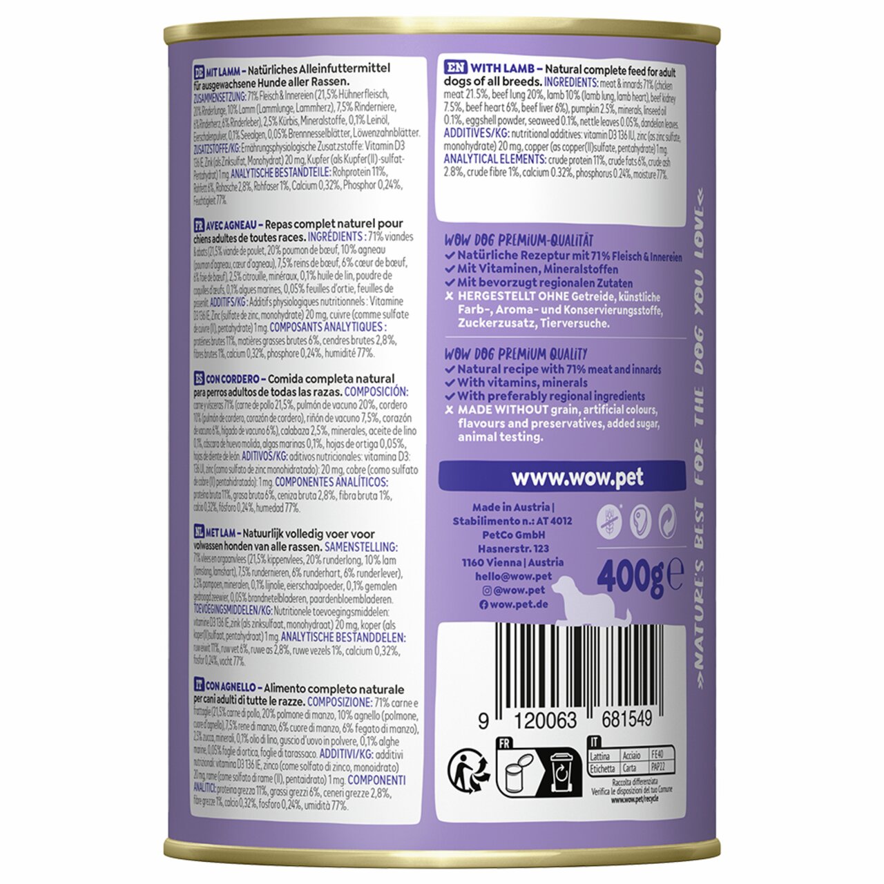 WOW DOG Hundefutter mit Lamm, für ausgewachsene Hunde aller Rassen, 400 g Dose, natürlich, ohne Getreide, künstliche Zusätze.