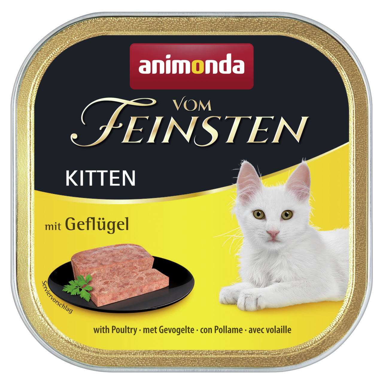 Animonda Vom Feinsten Kitten mit Geflügel, für junge Katzen, 100 g, hochwertiges Katzenfutter, abgebildet mit Teller & Petersilie.