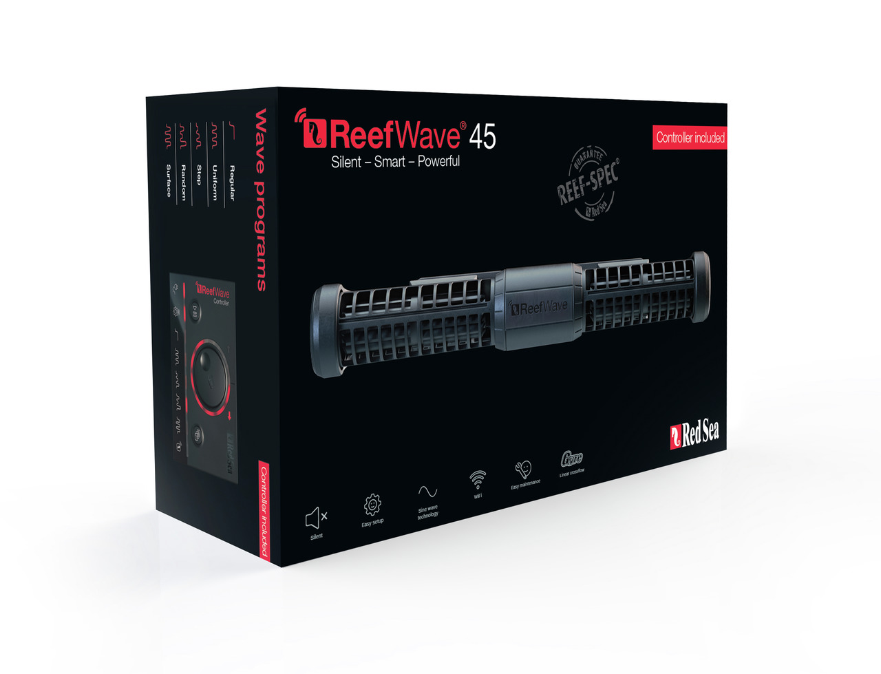 Das Bild zeigt die Verpackung der Red Sea ReefWave 45, einer leistungsstarken und leisen Strömungspumpe für Meerwasseraquarien. Die schwarze Verpackung hebt die Pumpe hervor, die mit einem Controller geliefert wird. Funktionen wie einfache Wartung, WLAN-S