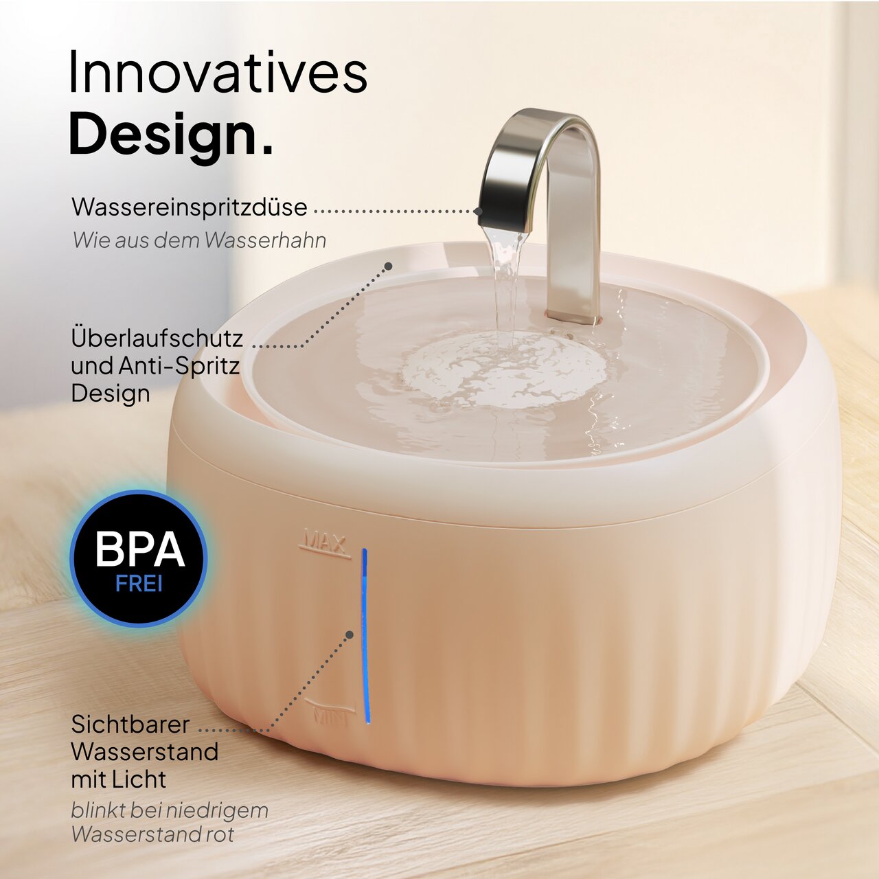 PRETTY PAW Trinkbrunnen, Haustiere (Katzen-Hunde), fließendes Wasser, LED-Wasserstandsanzeige, BPA-frei, 1250 ml, modernes Design.