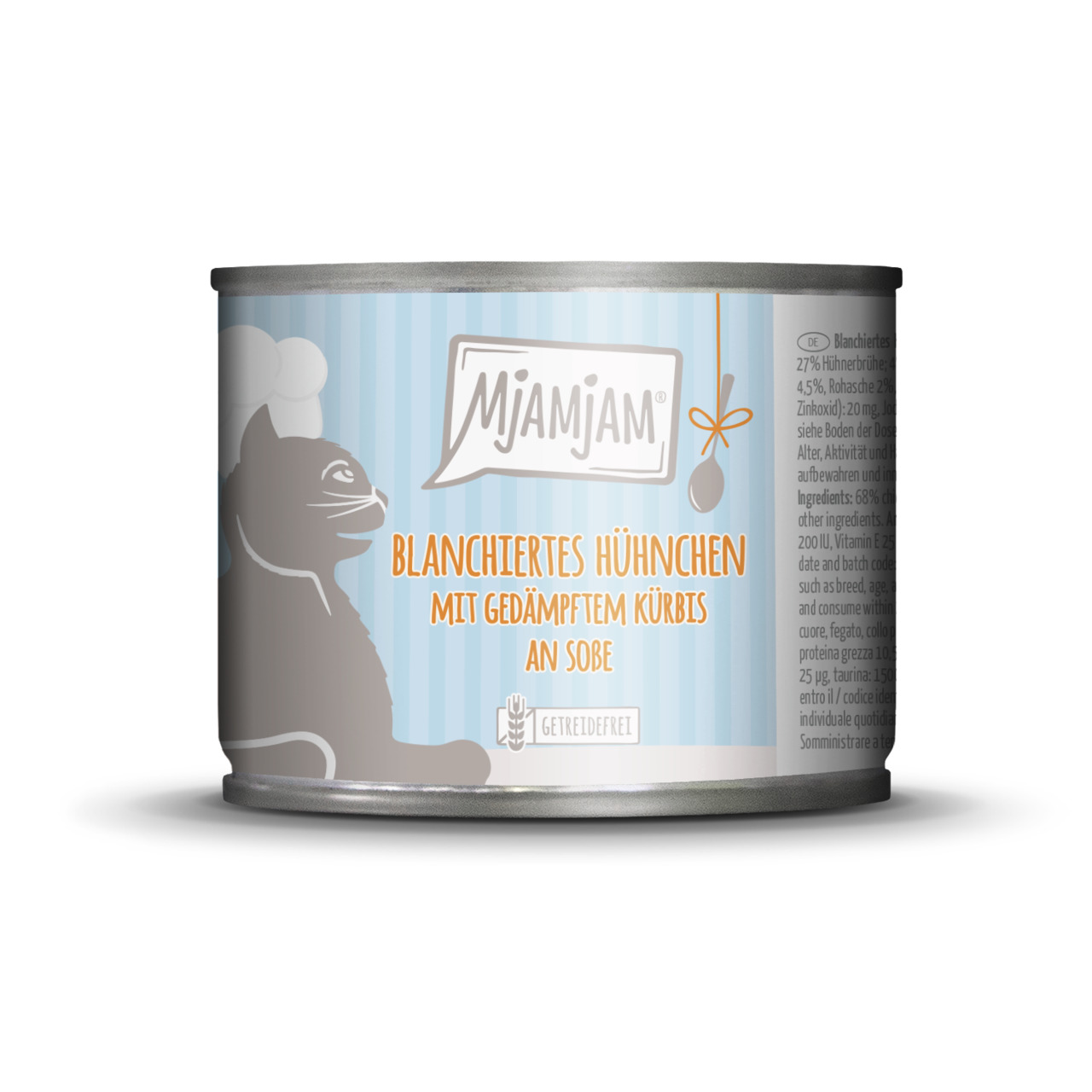 MJAMJAM Katzenfutter, 200 g, "Blanchiertes Hühnchen mit gedämpftem Kürbis an Soße", getreidefrei.