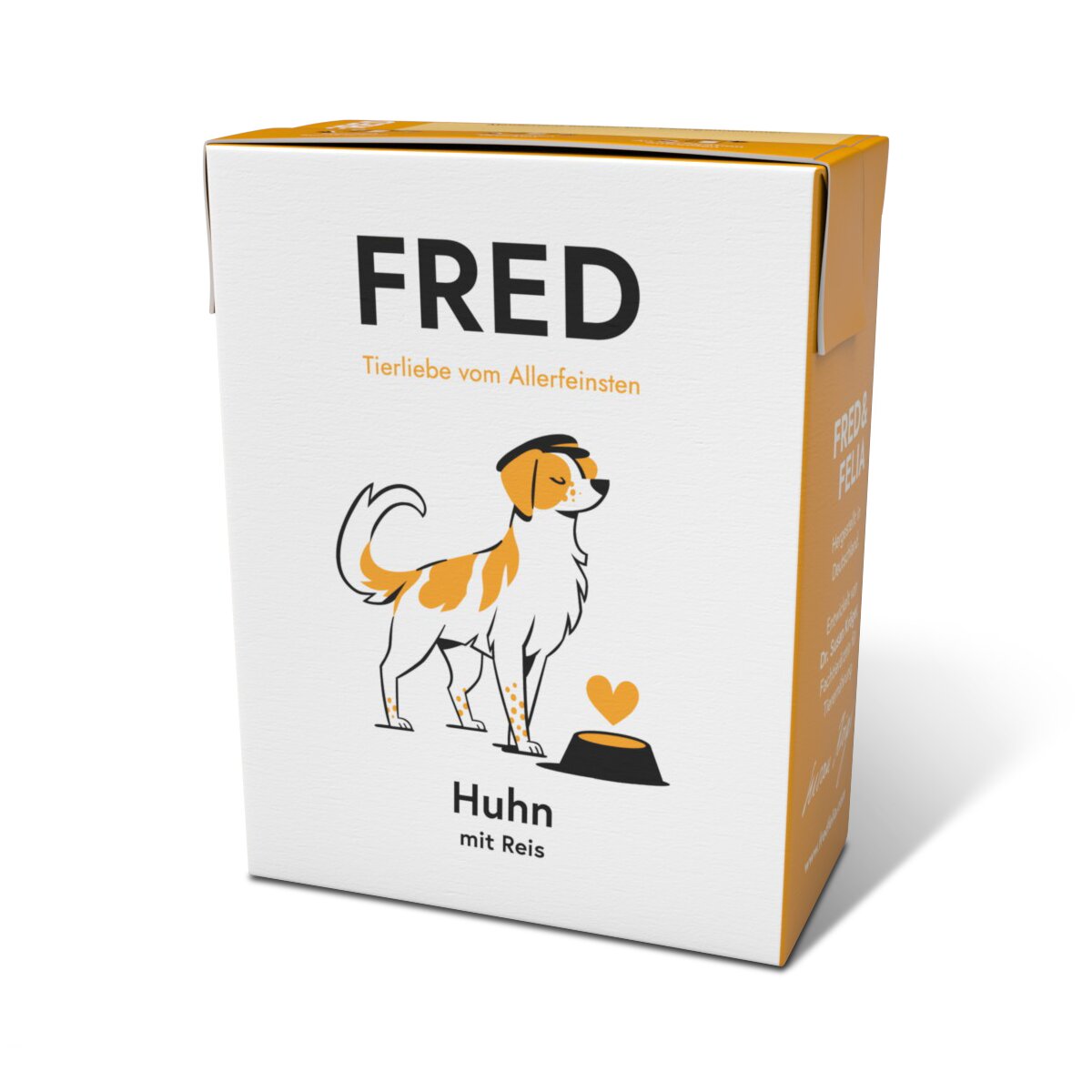 FRED Hundenassfutter Huhn mit Reis für Hunde, mit Werbeaussage Tierliebe vom Allerfeinsten, Packung frontal gezeigt