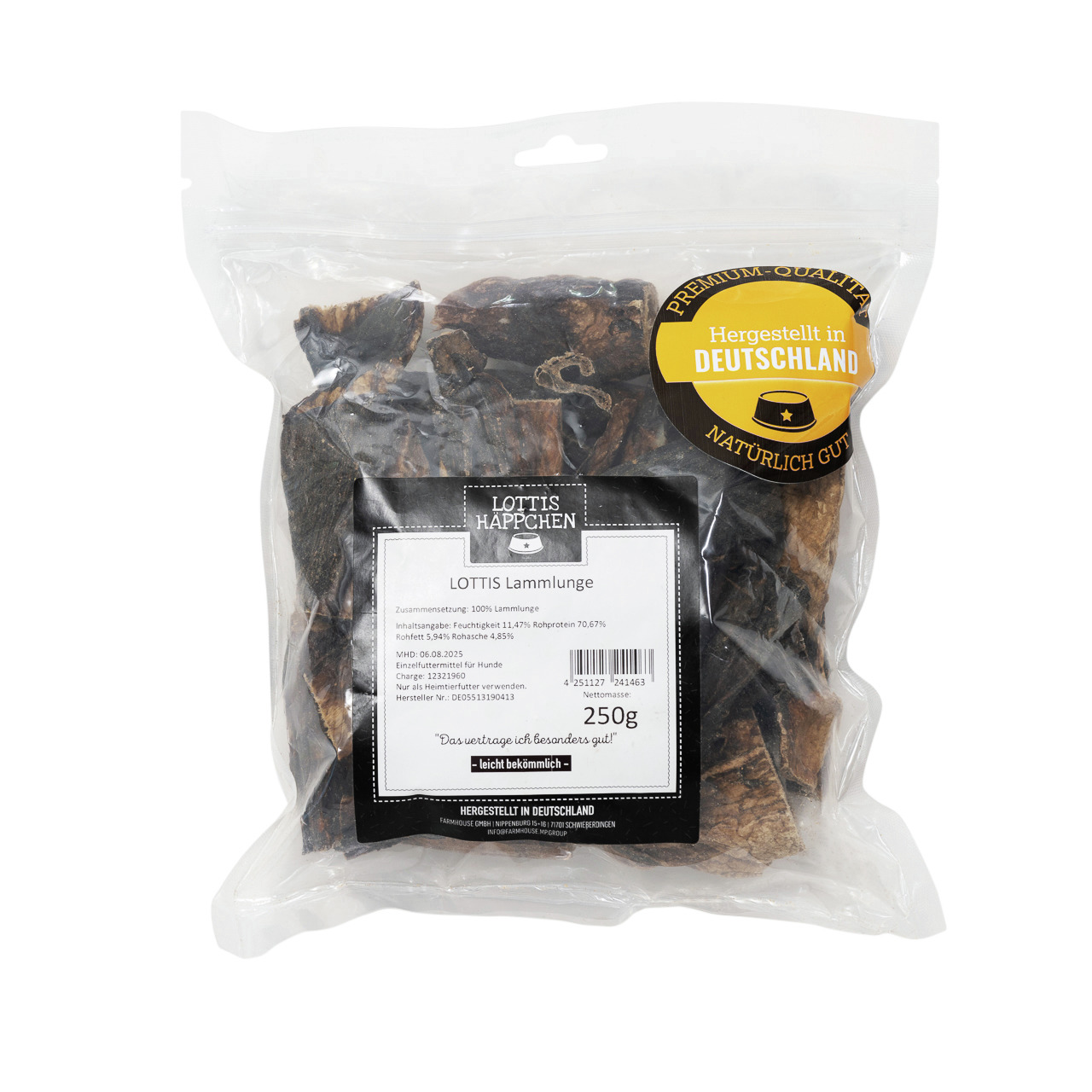 LOTTIS HÄPPCHEN Lamm-Lunge, Premium-Hundefutter, 250 g, für Hunde, Geschmacksrichtung Lamm, leicht bekömmlich, hergestellt in DE.