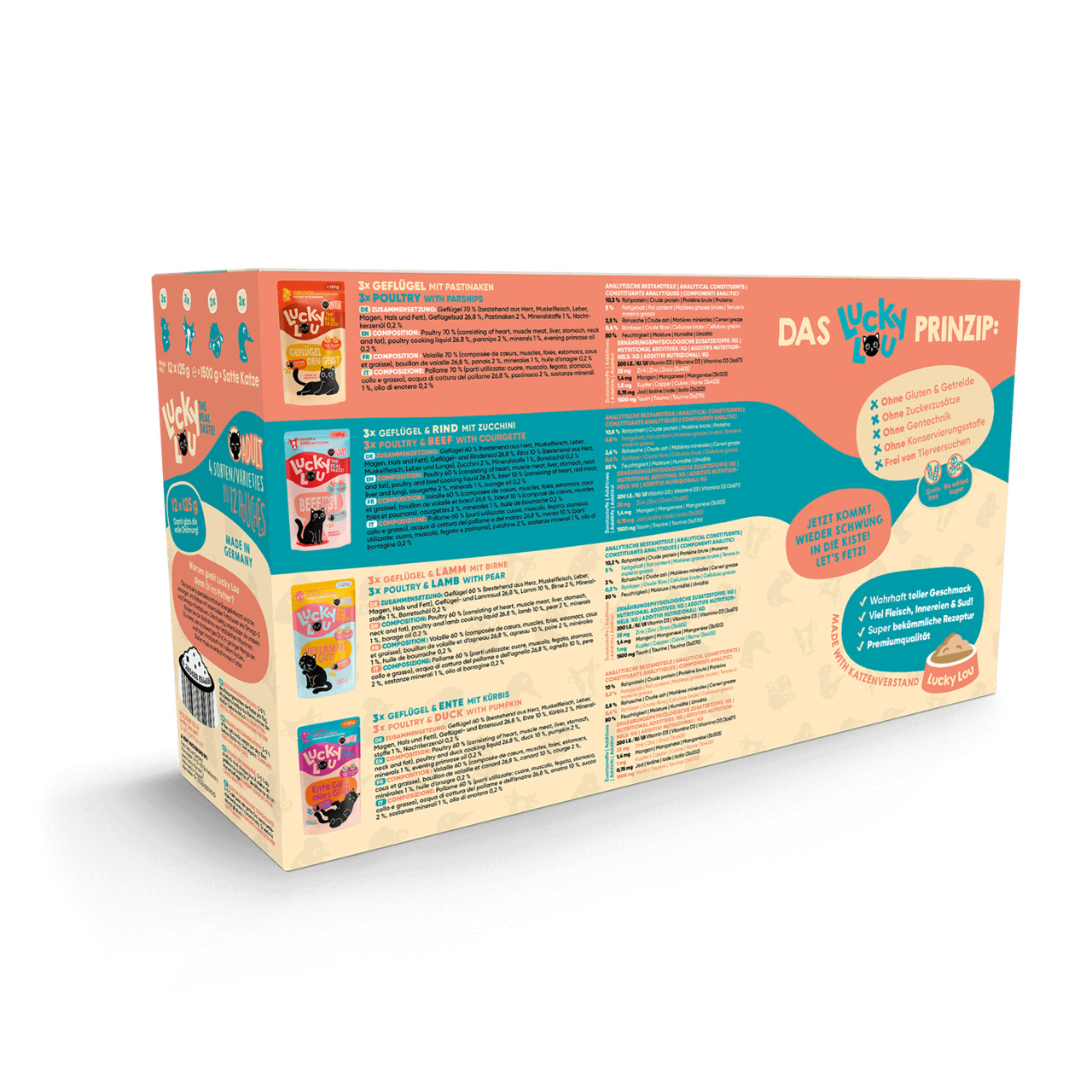 Das Bild zeigt eine Verpackung des Tierfutterprodukts "Lucky Lou Supermix Probierpaket" für Katzen. Enthalten sind 12 Portionsbeutel à 85 g in vier Geschmacksrichtungen: Geflügel mit Pastinaken, Geflügel & Rind mit Zucchini, Geflügel & Lamm mit Birne sowi