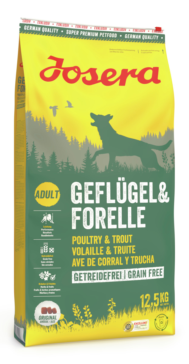 Josera Trockenfutter Adult, Geflügel & Forelle, getreidefrei, 12,5 kg, für ausgewachsene Hunde.