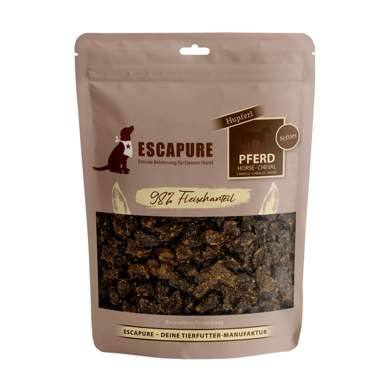 ESCAPURE Hupferl Softies Pferd für Hunde, Geschmacksrichtung Pferd, 98% Fleischanteil, 150 g Beutel, recycelbare Verpackung.