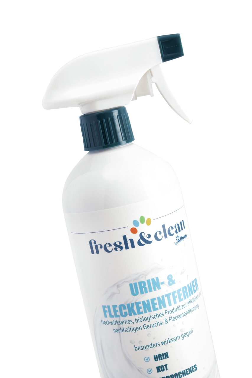 fresh & clean by Allpets Urin- & Fleckenentferner, biologisch, für Tierhalter, gegen Urin-Kot-Flecken, 500 ml, blauer Sprühkopf.