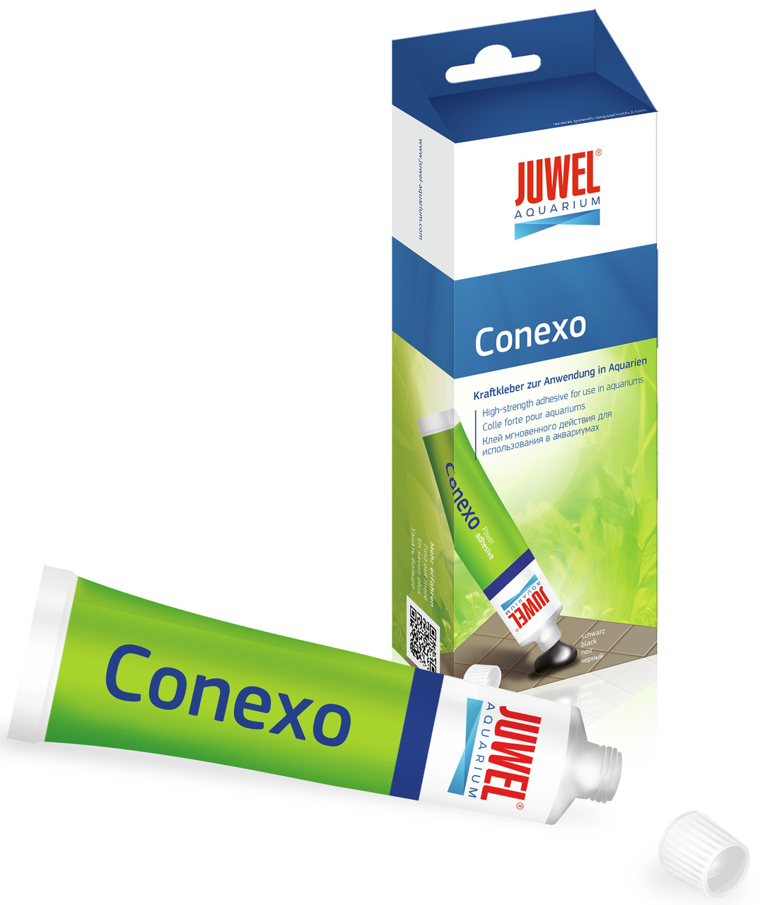 JUWEL Conexo Kraftkleber, für Aquarienbesitzer, starke Haftung für Glas & Kunststoff, 80 ml, Verpackung in Blau-Grün-Weiß.