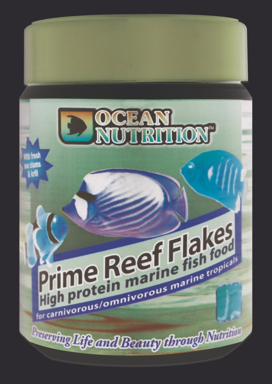 Ocean Nutrition Prime Reef Flakes: Hochwertiges Fischfutter für trop. Meeresfische, mit Meeresmuscheln & Krill, für Aquarienbesitzer.