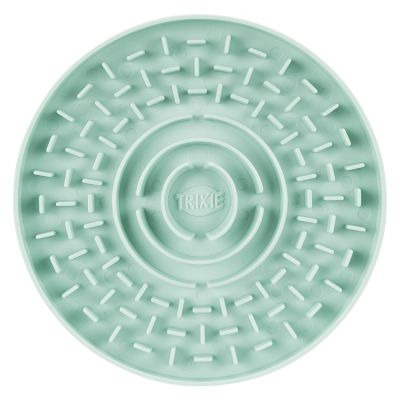 Rundes, mintgrünes Schleckpad von TRIXIE für Hunde und Katzen. Das Pad besteht aus flexiblem Material mit erhabenen Mustern, die das Schlecken fördern und die Futteraufnahme verlangsamen. Ideal für Pasten oder Nassfutter. Durchmesser ca. 15 cm. Fördert Be