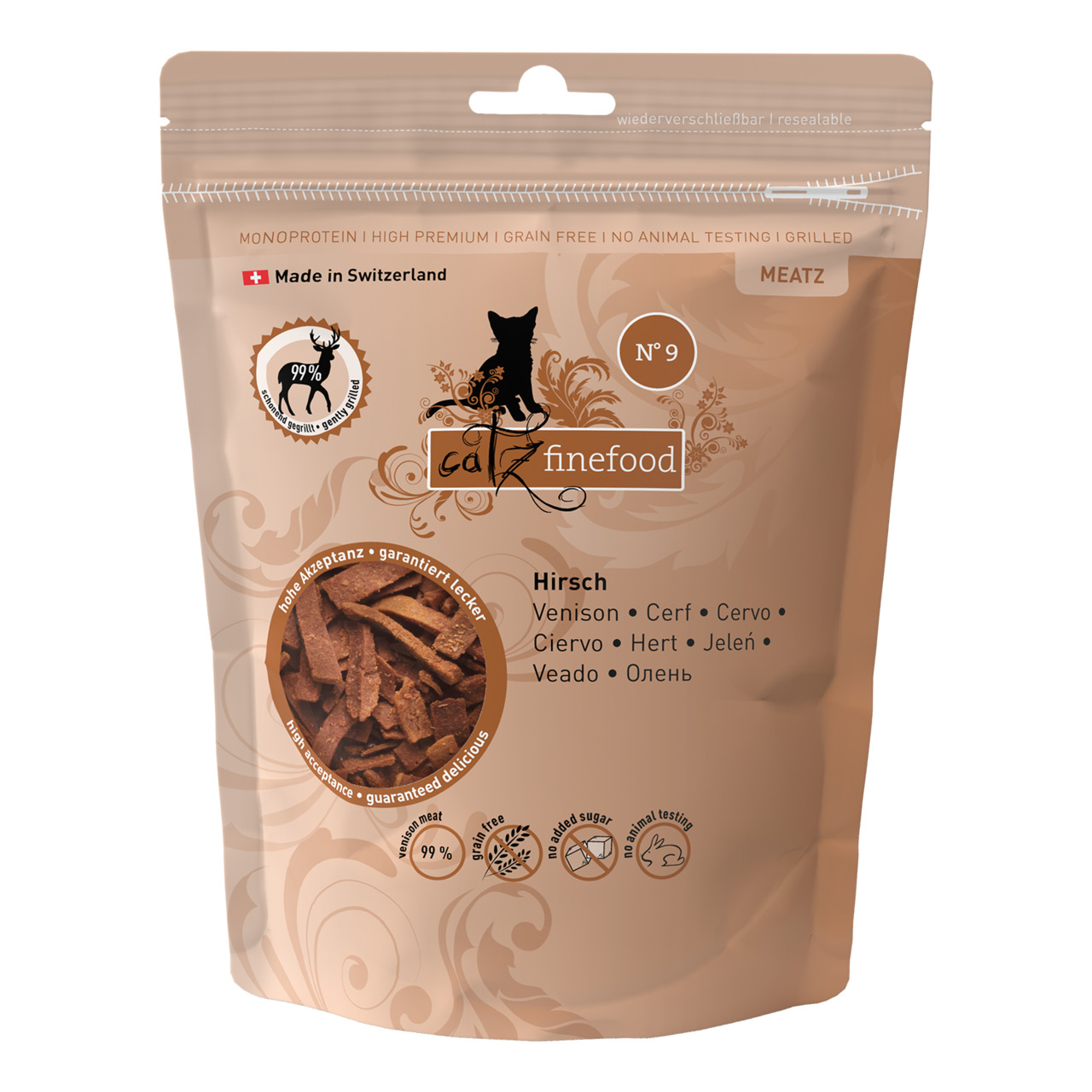 Catz finefood Meatz N°9, Katzen, Hirsch, getreidefrei, 99 % Fleisch, ohne Tierversuche, Schweiz, wiederverschließbar.