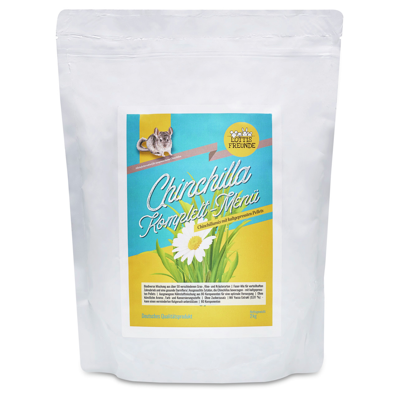 Lottis Freunde Chinchilla Komplett-Menü, 2 kg, für Chinchillas, Kräuter & Gräser, kaltgepresste Pellets, „Deutsches Qualitätsprodukt“.