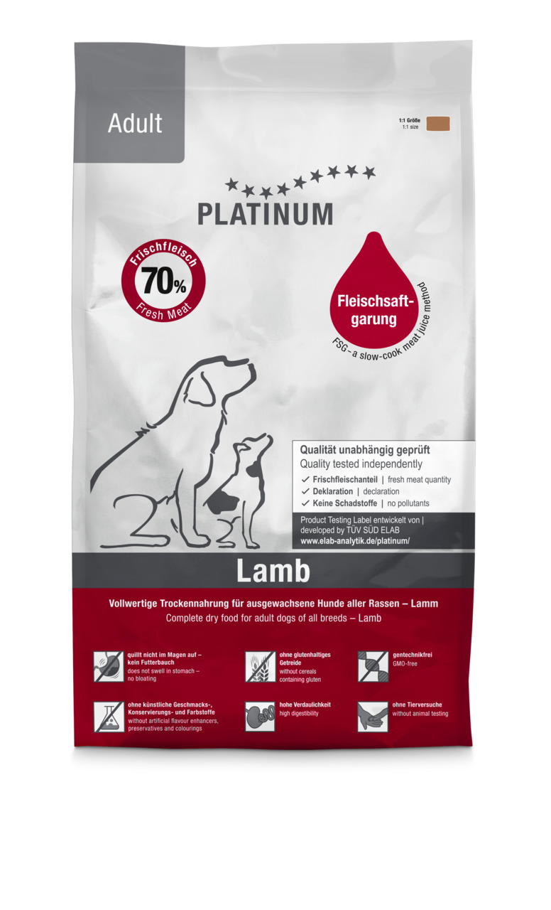 Das Bild zeigt eine Verpackung des Hundefutters „PLATINUM Adult Lamb“. Es handelt sich um ein hochwertiges Trockenfutter für ausgewachsene Hunde aller Rassen mit der Geschmacksrichtung Lamm. Die Rezeptur enthält 70 % Frischfleisch und wird schonend durch 