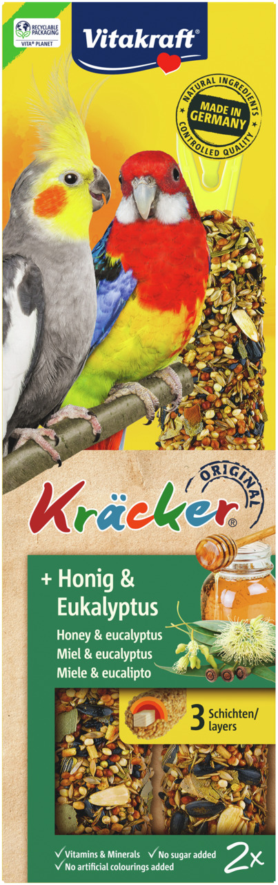 Vitakraft Kräcker+Honig&Eukalyptus, Ziervögel (Sittiche-Papageien), 2 Stangen, mit Vitaminen-Mineralien, ohne Zuckerzusatz-künstl. Farbstoffe.