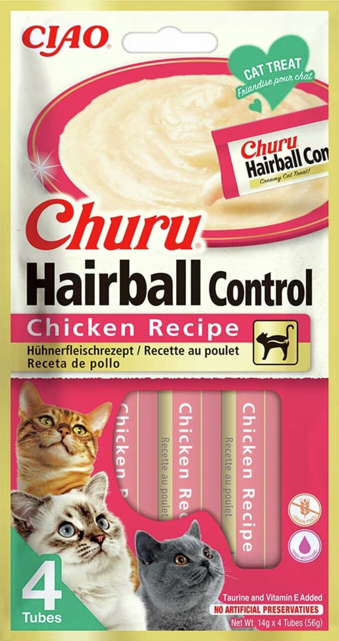 CIAO Churu Hairball Control Huhn, Katzensnack, Rezept gegen Haarballen, 4 Tuben (14 g), ohne künstliche Konservierungsstoffe.