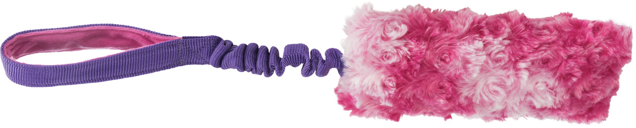 Das Bild zeigt das TRIXIE Bungee-Spielzeug für Hunde, speziell für interaktive Spiele und Training. Es besteht aus einem elastischen, violetten Griff und einem flauschigen, pink-weißen Plüschaufsatz. Zielgruppe sind Hundehalter, die ein robustes und spaßi
