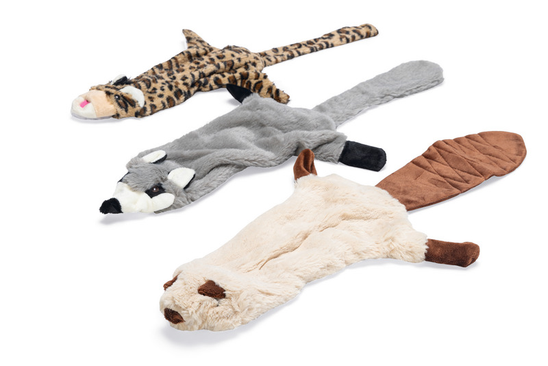 Karlie Plüschspielzeuge für Hunde: Leopard, Waschbär, Biber. Weiches, flaches Material, ohne Füllung. Ideal für Hunde jeder Größe.