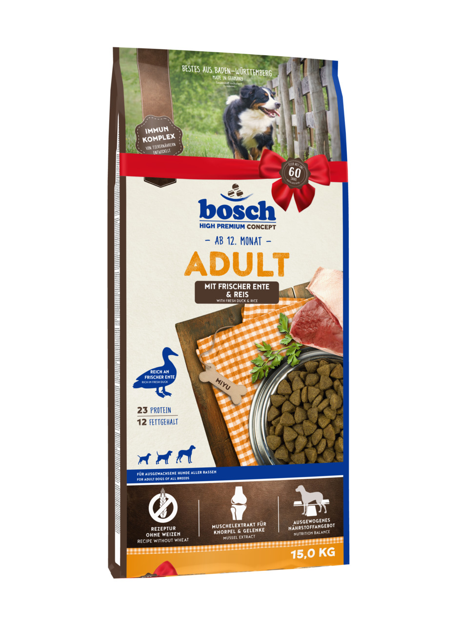 Bosch High Premium Concept Hundefutter Adult, 15 kg, Ente & Reis, weizenfrei, mit Muschelextrakt, für Hunde ab 12 Monaten.