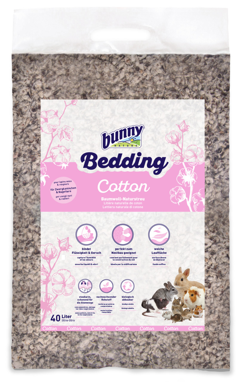 Bunny Nature Bunny Bedding Cotton, 40L, für Kleintiere (Zwergkaninchen, Mäuse, Hamster), bindet Flüssigkeit-Gerüche, ideal für Nestbau.