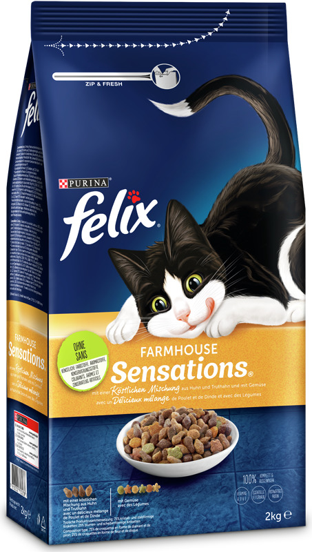 Das Bild zeigt eine Verpackung des Katzenfutters „Purina Felix Farmhouse Sensations“ in einer 2-kg-Packung. Es ist für Katzen geeignet und bietet eine köstliche Mischung aus Huhn, Truthahn und Gemüse. Die Verpackung hebt die Frische durch den „Zip & Fresh
