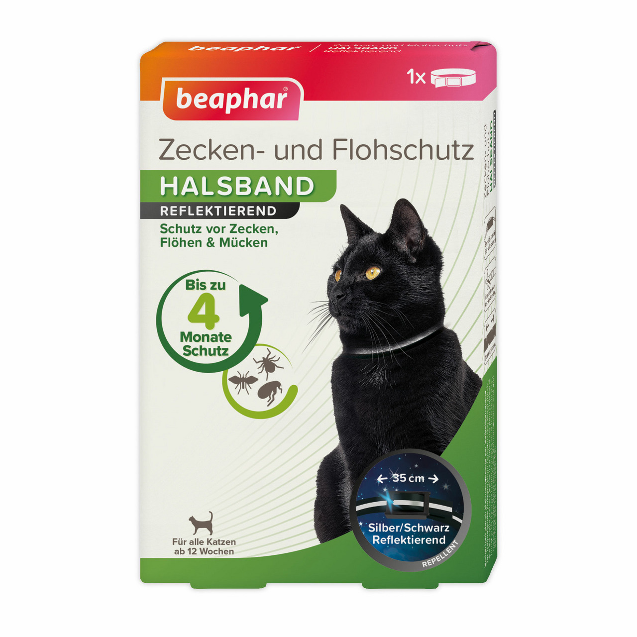 beaphar Zecken- & Flohschutz-Halsband, Katzen ab 12 Wo., reflektierend, Schutz gg. Zecken, Flöhe & Mücken (4 Mon.), Silber-Schwarz.