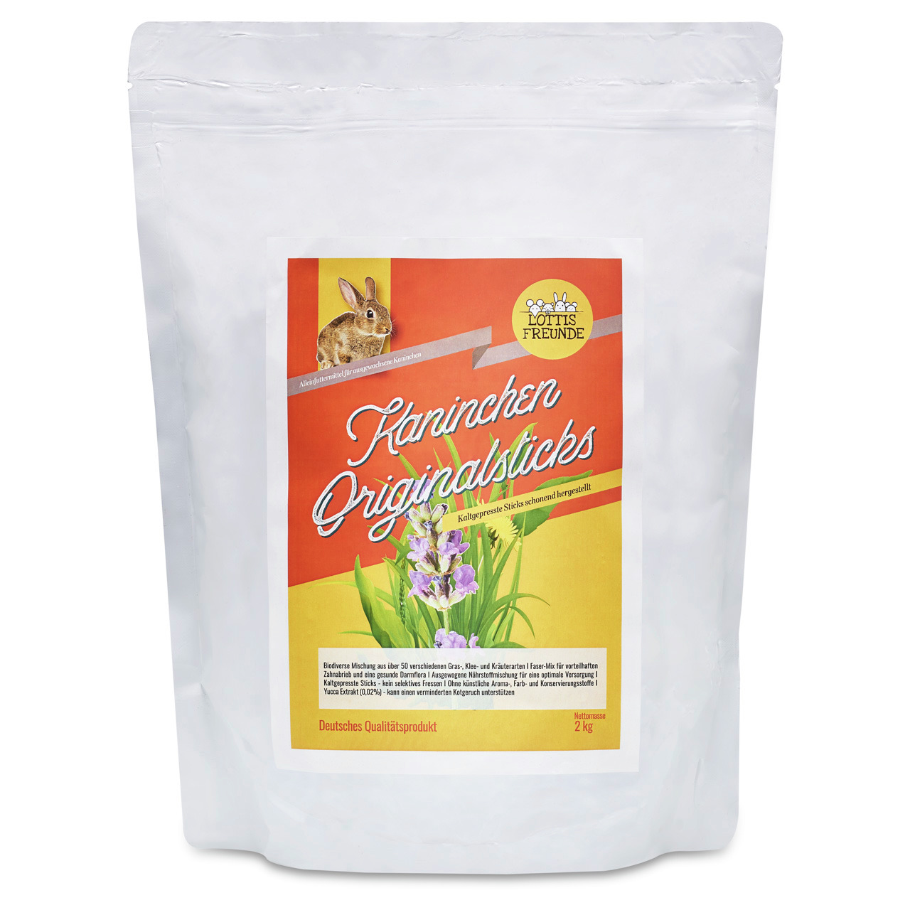 LOTTIS FREUNDE Kaninchen Originalsticks, Futter für Kaninchen, Gras-Kräuter-Faser-Mix, kaltgepresst, 2 kg.