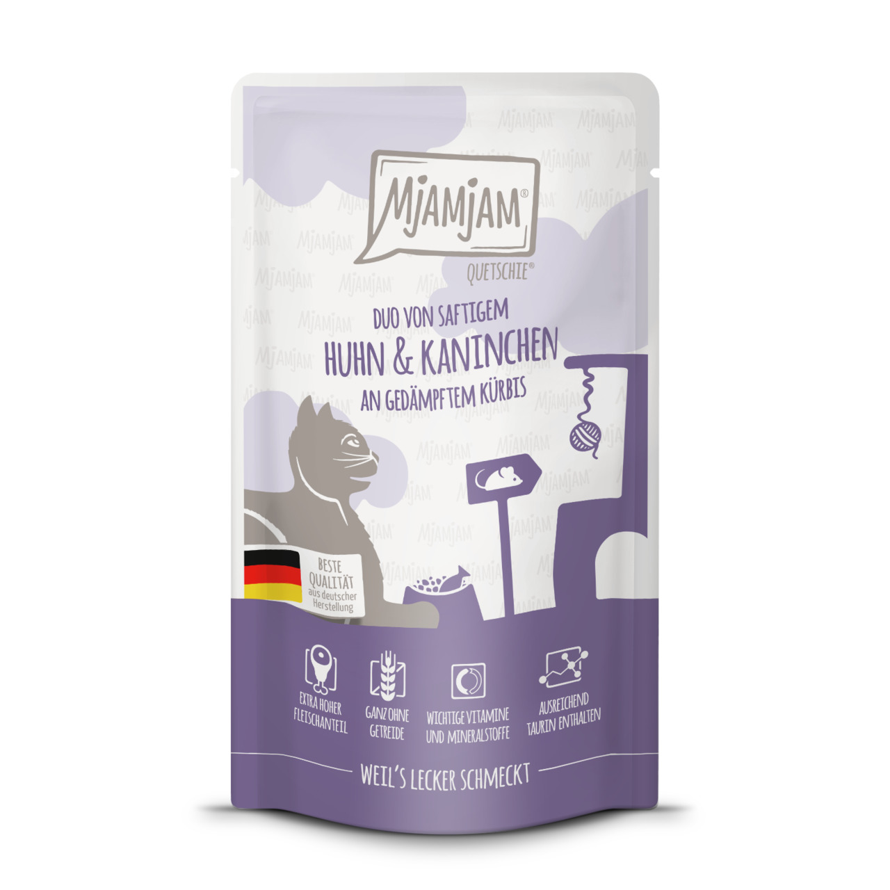Das Bild zeigt eine violette Verpackung des Katzenfutters „Mjamjam Quetschie Duo von saftigem Huhn & Kaninchen an gedämpftem Kürbis“. Es ist für Katzen geeignet und enthält extra hohen Fleischanteil, wichtige Vitamine und Mineralstoffe sowie ausreichend T