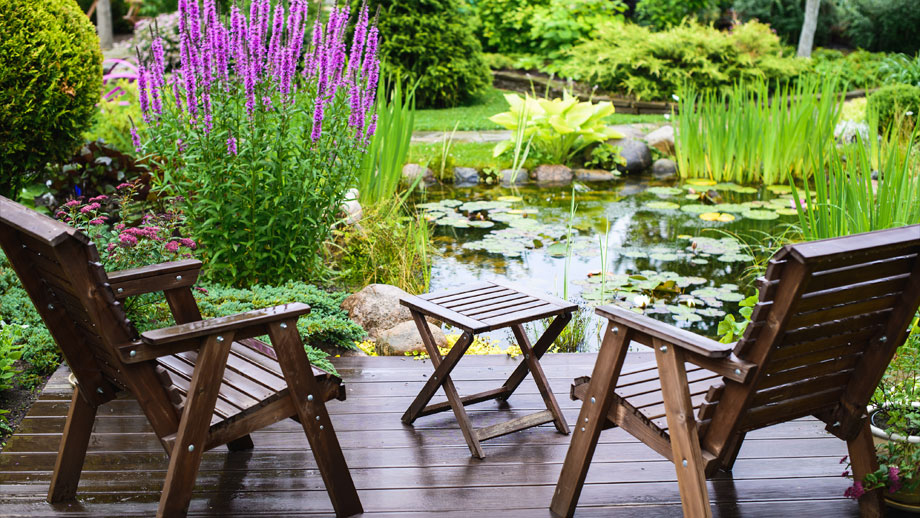 Gartenstuehle vor Naturteich