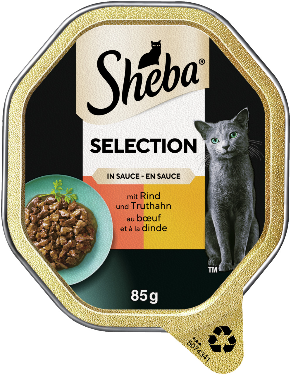 Sheba Selection in Sauce, Katzenfutter, Rind & Truthahn, 85 g, elegantes Design mit grauem Kater & Portion Futter.
