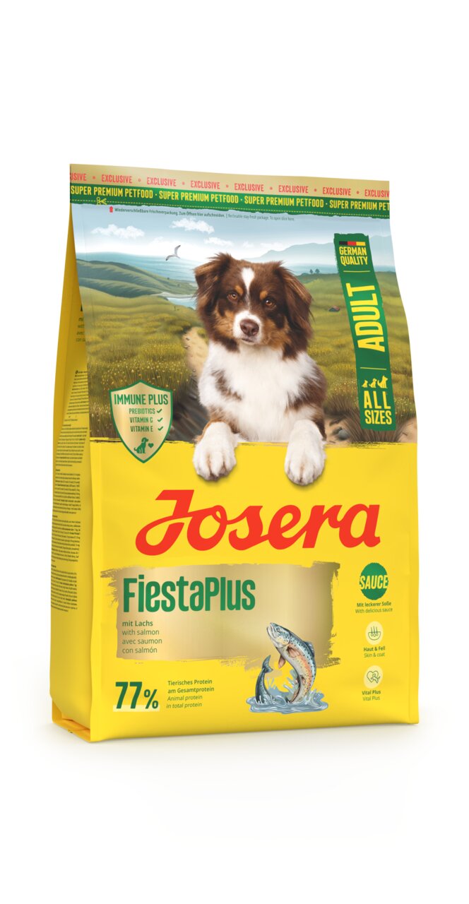 Josera FiestaPlus Hundefutter für Erwachsene, mit Lachs, 77% tierisches Protein, leckere Sauce, 15 kg, für alle Hundegrößen.