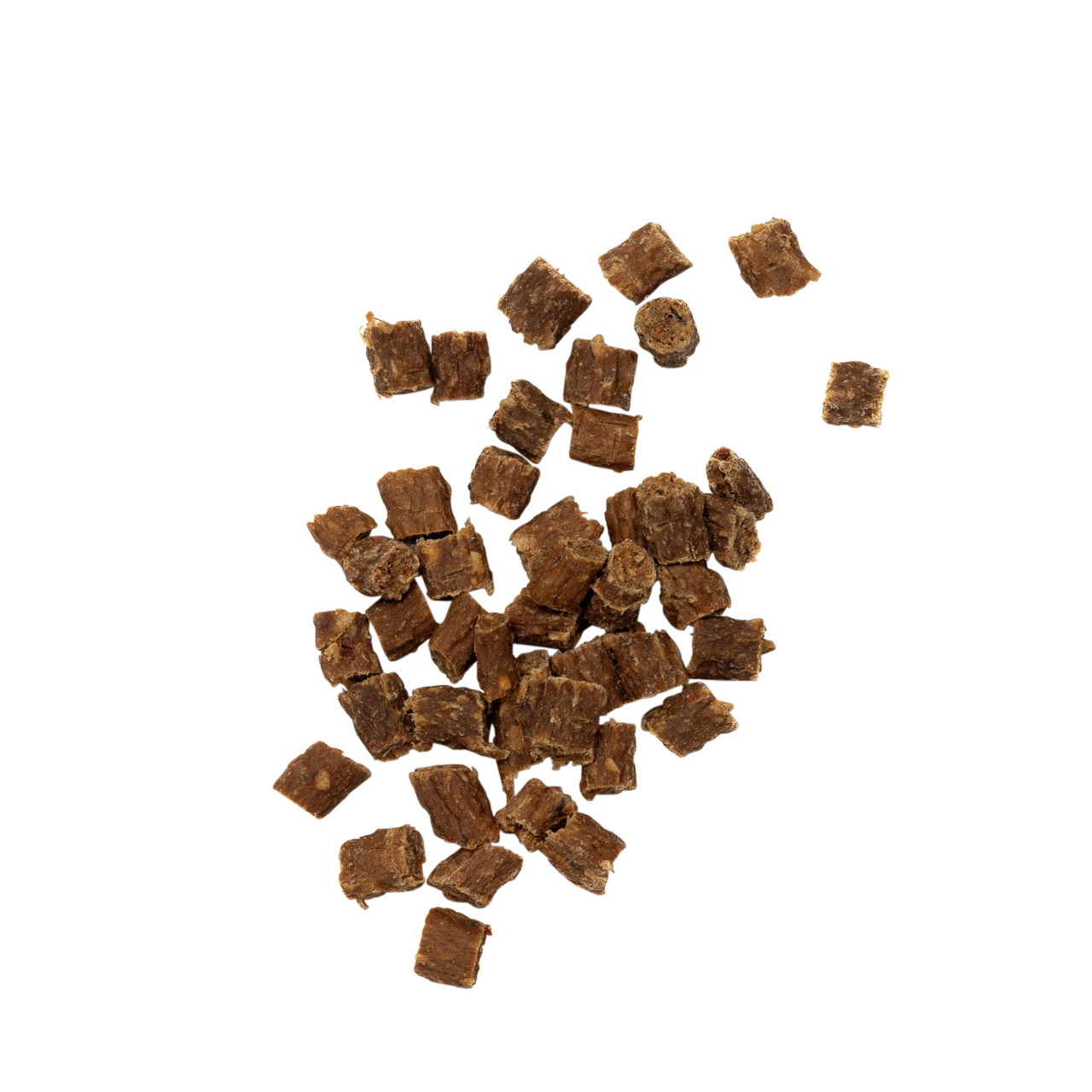 Lottis Häppchen Hundesnack, Rind, kleine braune Würfel aus getrocknetem Fleisch, Marke: Lottis Häppchen, Zielgruppe: Hunde.