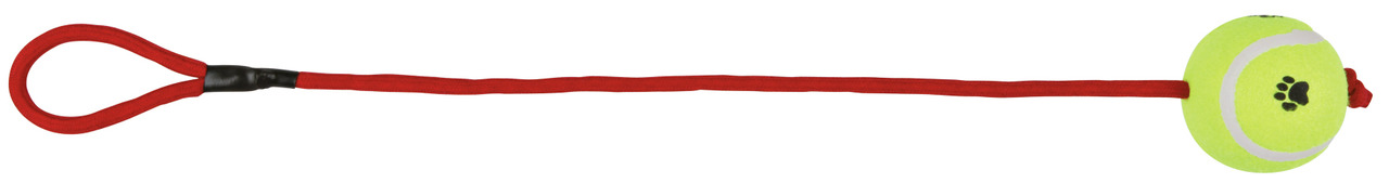 TRIXIE Hundespielzeug "Tennisball am Wurfseil", für Hunde, gelber Ball mit Pfotenmotiv, rotes Seil, ideal für Apportierspiele.