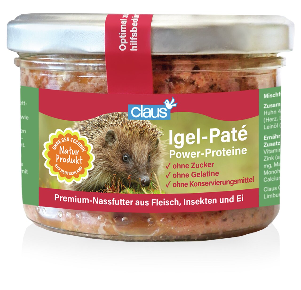 Claus Igel-Paté, Premium-Nassfutter, für Igel, Fleisch-Insekten-Ei, ohne Zucker-Gelatine, 100 % naturbelassen, 1 Glas.