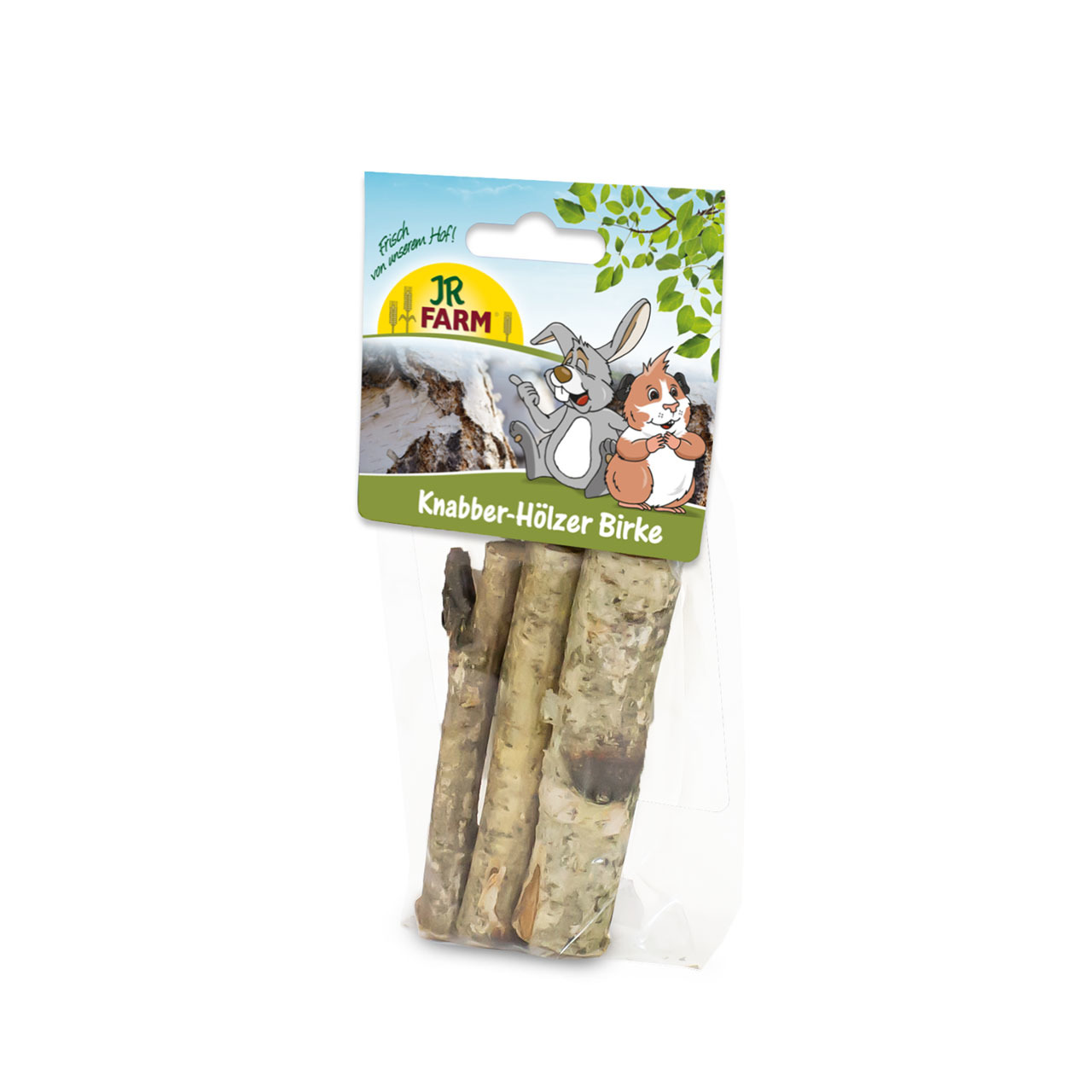JR FARM Knabber-Hölzer Birke, für Kaninchen-Meerschweinchen, natürl. Snack, fördert Nagetrieb, „Frisch vom eigenen Hof“, Menge sichtbar.