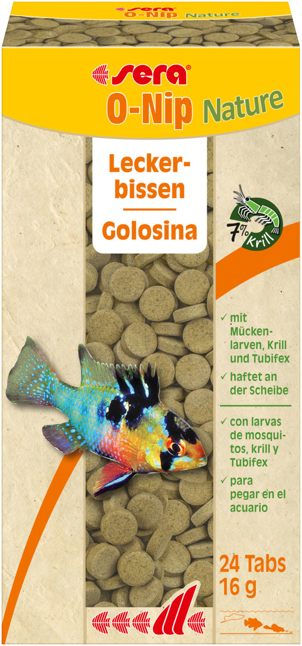 Das Bild zeigt das Produkt "sera O-Nip Nature", ein Fischfutter in Tablettenform für Zierfische. Die Verpackung enthält 24 Tabletten mit einem Gesamtgewicht von 16 g. Es ist speziell für Aquarienfische entwickelt und enthält Zutaten wie Mückenlarven, Kril